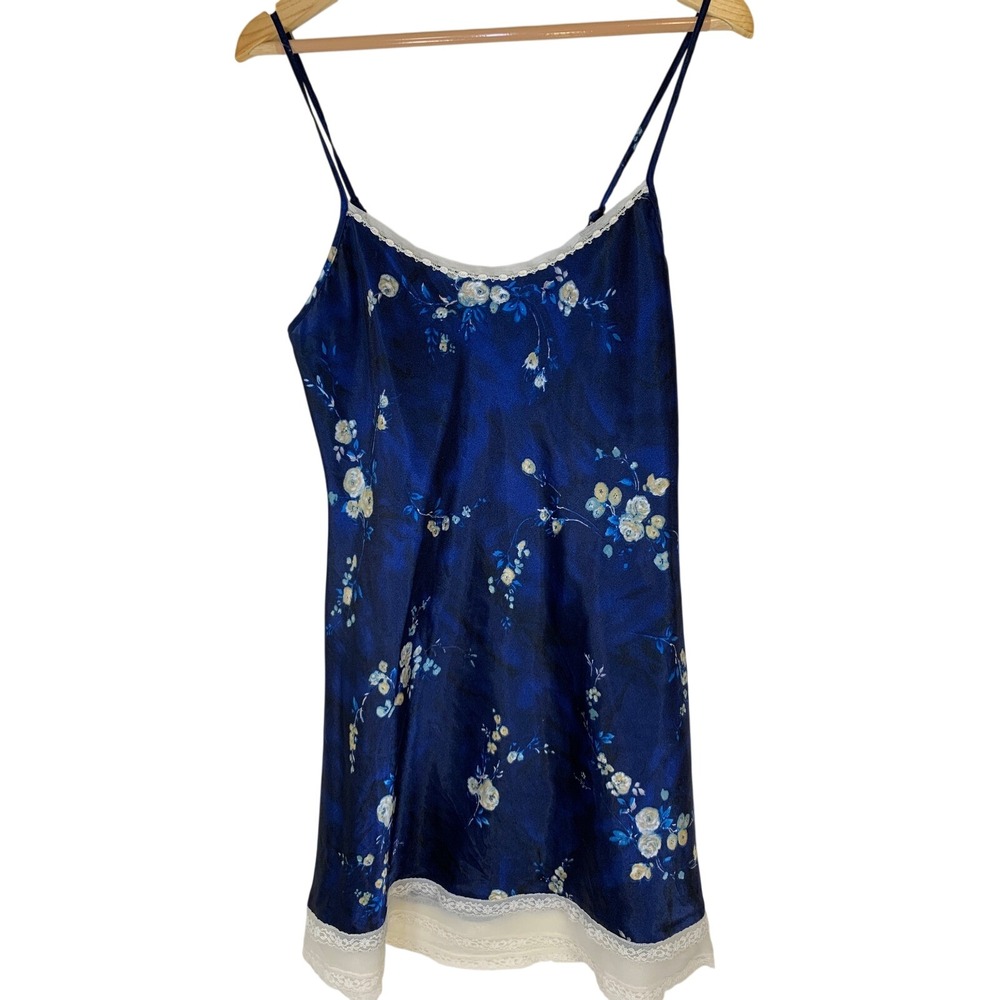 Y2k Blue Floral Lace Trim Satin Slip Dress Small Cottagecore Coquette Women